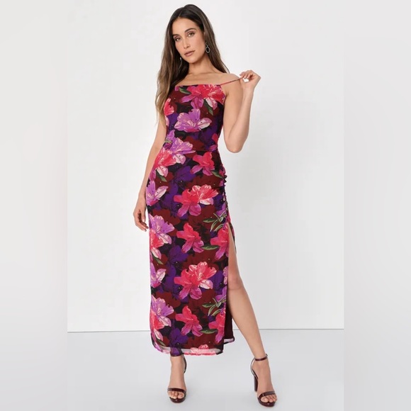 Lulus Fancy Floral Burgundy Multi Foral Ruched Column Midi Dress - Picture 1 of 7